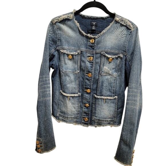 VTG GUESS Denim Jacket Women's Distressed Blue Sz M Gold Buttons Y2k Streetwear - Picture 1 of 12